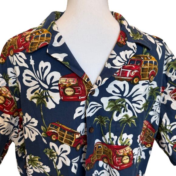 Vintage RJC Hawaiian Shirt Men's XL Navy Multi Floral Bus Vehicles Made in USA - Picture 2 of 10